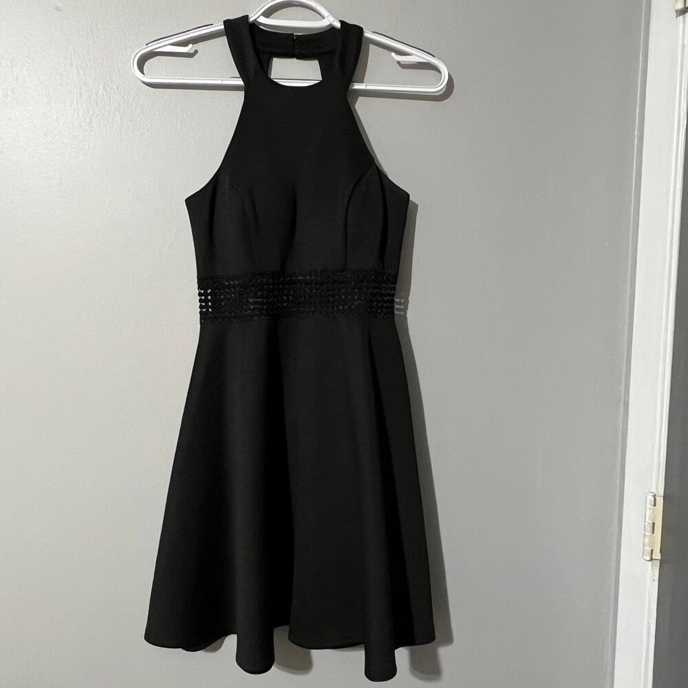 My Michelle Fit & Flare Dress Black Halter Cutout Padded Bust Lace Waist Size 1